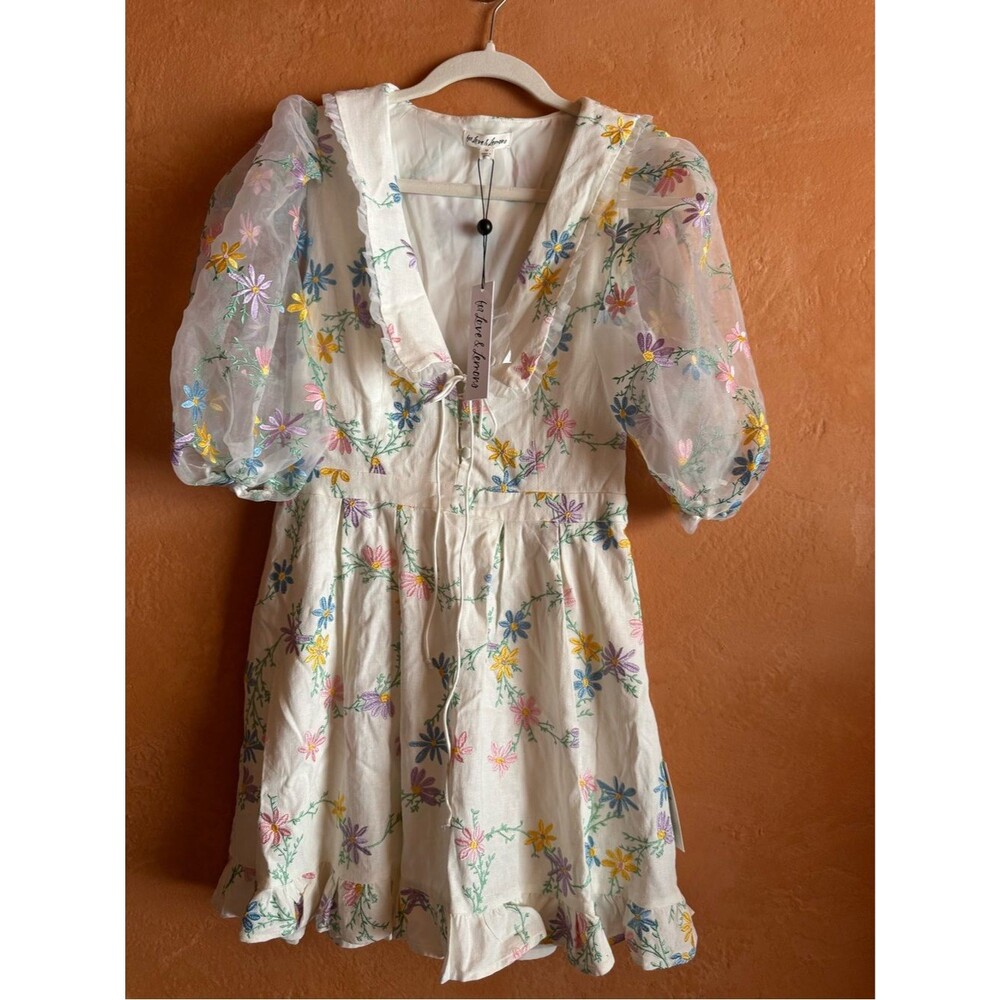 For Love & Lemons Marjorie Mini Dress NWT Floral Embroidered Puff Sleeve Medium